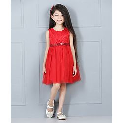Babyhug Sleeveless Party Frock Sequin Detail - Red