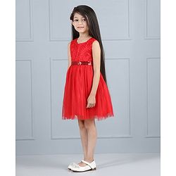 Babyhug Sleeveless Party Frock Sequin Detail - Red