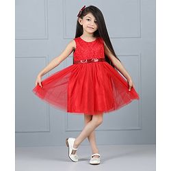 Babyhug Sleeveless Party Frock Sequin Detail - Red