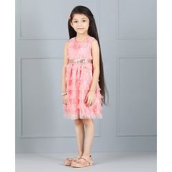 Babyhug Sleeveless Party Frock Ruffle & Sequin Detail - Peach