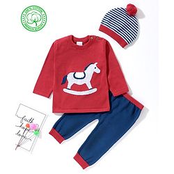 Babyhug Full Sleeves 100% Organic Cotton Sweater Set with Cap Horse Print - Red