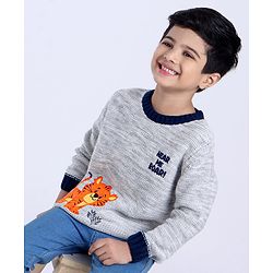 Babyhug Full Sleeves Pull Over Sweater Tiger Embroidery - Grey