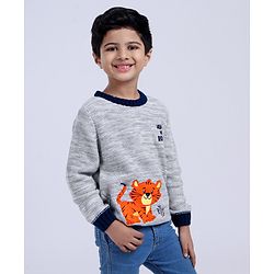 Babyhug Full Sleeves Pull Over Sweater Tiger Embroidery - Grey