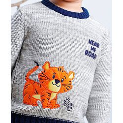 Babyhug Full Sleeves Pull Over Sweater Tiger Embroidery - Grey