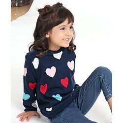 Babyhug Full Sleeves Jacquard Sweater Heart Design - Navy Blue
