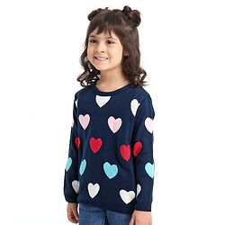 Babyhug Full Sleeves Jacquard Sweater Heart Design - Navy Blue