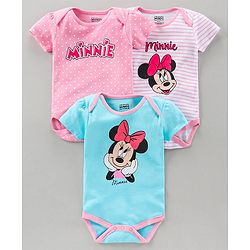 Babyhug Half Sleeves 100% Cotton Onesie Minnie Mouse Print Pack of 3 - Blue Pink