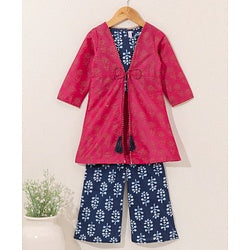 Babyhug Full Sleeves Top and Palazzo Pant with Shrug - Blue Pink