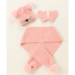 Babyhug Woollen Cap with Muffler Pink - Diameter 9 cm