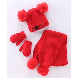 Babyhug Woollen Cap with Muffler - Red