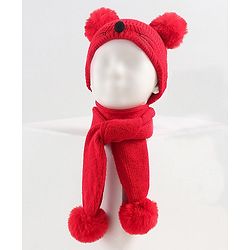 Babyhug Woollen Cap with Muffler - Red