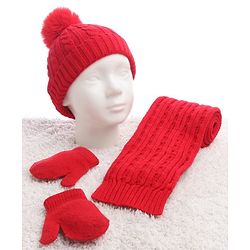 Babyhug Woollen Cap with Muffler Set Red - Diameter 9 cm