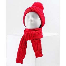 Babyhug Woollen Cap with Muffler Set Red - Diameter 11 cm