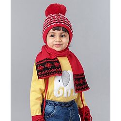 Babyhug Woolen Cap, Mittens and Scarf Red - Cap Diameter 9. 5 cm