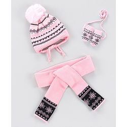 Babyhug Woollen Jacuard Cap with Scarf Yellow - Diameter 7 cm