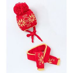 Babyhug Woollen Cap with Muffler & Mittens Red - Diameter 7 cm
