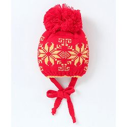 Babyhug Woollen Cap with Muffler & Mittens Red - Diameter 7 cm