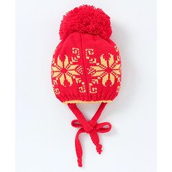 Babyhug Woollen Cap with Muffler & Mittens Red - Diameter 7 cm