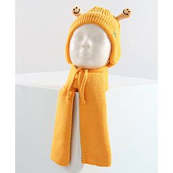 Babyhug Cable Knit Cap with Muffler and MIttens - Yellow