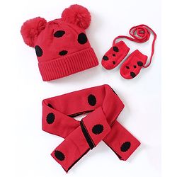 Babyhug Woollen Cap with Muffler Red - Diameter 10 cm