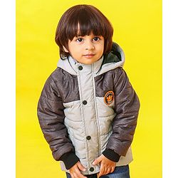 Babyhug Full Sleeves Hooded Padded Jacket Tiger Embroidery - Grey