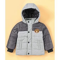 Babyhug Full Sleeves Hooded Padded Jacket Tiger Embroidery - Grey