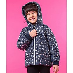 Babyhug Full Sleeves Hooded Padded Jacket Snowflakes Print - Navy Blue