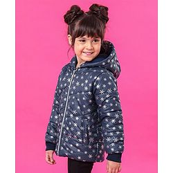Babyhug Full Sleeves Hooded Padded Jacket Snowflakes Print - Navy Blue