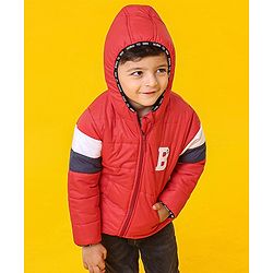 Babyhug Full Sleeves Hooded Padded Jacket Alphabet B Patch - Red