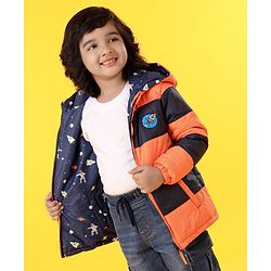 Babyhug Hooded Full Sleeves Reversible Padded Jacket - Navy Orange