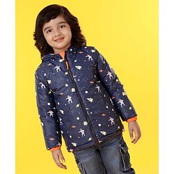Babyhug Hooded Full Sleeves Reversible Padded Jacket - Navy Orange