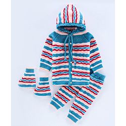 Babyhug Full Sleeves Hooded Sweater Set with Booties - Blue