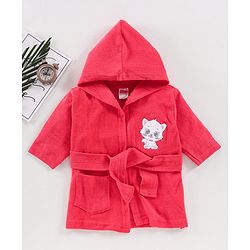 Babyhug Full Sleeves Hooded Bathrobe Kitty Embroidery - Pink