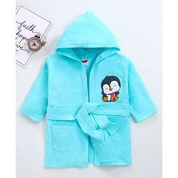 Babyhug Full Sleeves Bathrobe With Hood Penguin Embroidery - Blue