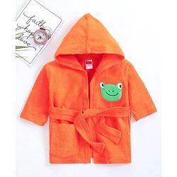 Babyhug Three Fourth Sleeves Hooded Bath Robe Frog Embroidery - Orange