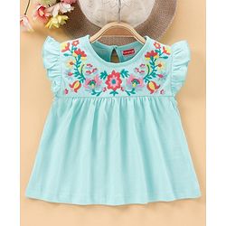 Babyhug Flutter Sleeves Frock Style Top Floral Embroidered - Blue