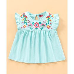 Babyhug Flutter Sleeves Frock Style Top Floral Embroidered - Blue
