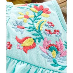 Babyhug Flutter Sleeves Frock Style Top Floral Embroidered - Blue