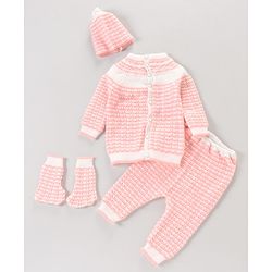 Babyhug Full Sleeves Hooded Striped Sweater Set with Booties - Pink