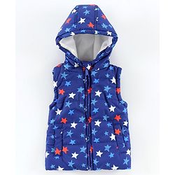 Babyhug Sleeveless Jacket with Hood Star Print - Blue