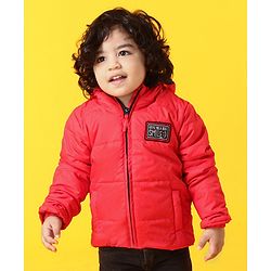Babyhug Full Sleeves Hooded Padded Jacket Text Embroidery - Red