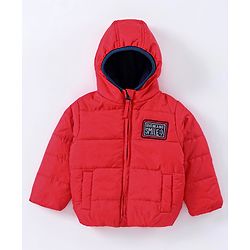 Babyhug Full Sleeves Hooded Padded Jacket Text Embroidery - Red