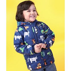 Babyhug Full Sleeves Animal Print Hooded Jacket - Blue