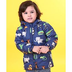 Babyhug Full Sleeves Animal Print Hooded Jacket - Blue