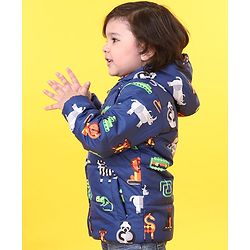 Babyhug Full Sleeves Animal Print Hooded Jacket - Blue