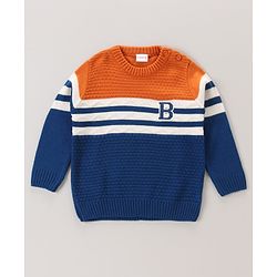 Babyhug Full Sleeves Pull Over Sweater Striped - Orange & Blue