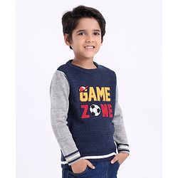 Babyhug Full Sleeves Pull Over Sweater Text Embroidery - Blue & Grey