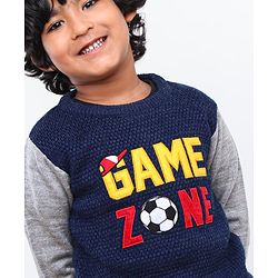 Babyhug Full Sleeves Pull Over Sweater Text Embroidery - Blue & Grey