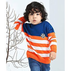 Babyhug Full Sleeves Stripe Sweater Football Patch - Orange Blue