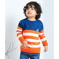 Babyhug Full Sleeves Stripe Sweater Football Patch - Orange Blue